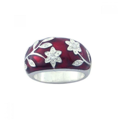 .925 Sterling Silver Rhodium Plated Red Enamel Cz Flower Ring, <b>size: 5</b>