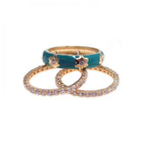 .925 Sterling Silver Gold Plated Blue Enamel Cz Flower Stackable Ring Set, <b>size: 5</b>