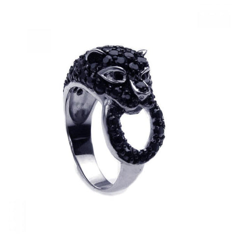 .925 Sterling Silver Rhodium & Black Rhodium Plated Black & Clear Cz Black Panther Ring, <b>size: 5</b>