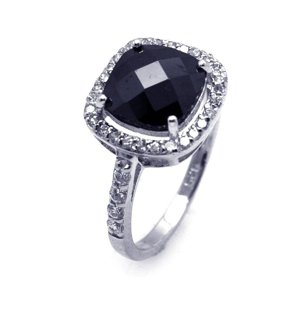 .925 Sterling Silver Rhodium Plated Black Center & Cluster Cz Ring, <b>size: 5</b>