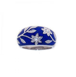 .925 Sterling Silver Rhodium Plated Blue Enamel Cz Flower Ring, <b>size: 5</b>