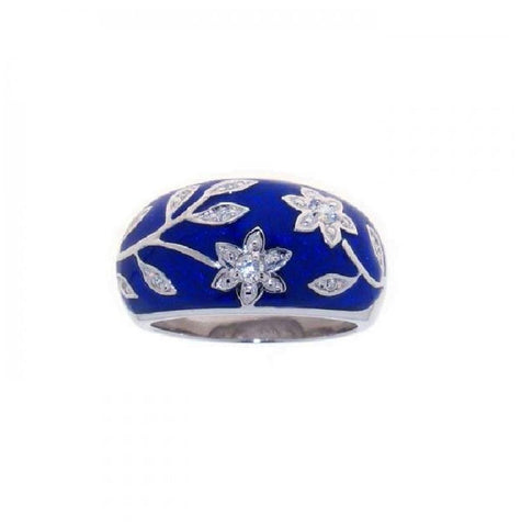 .925 Sterling Silver Rhodium Plated Blue Enamel Cz Flower Ring, <b>size: 5</b>