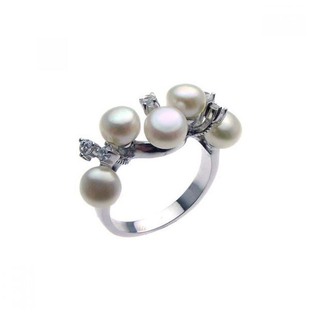 .925 Sterling Silver Rhodium Plated Cz Multiple Pearl Ring, <b>size: 5</b>