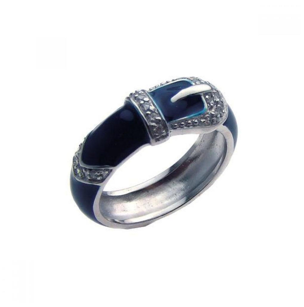 .925 Sterling Silver Rhodium Plated Black Enamel Cz Belt Buckle Ring, <b>size: 5</b>