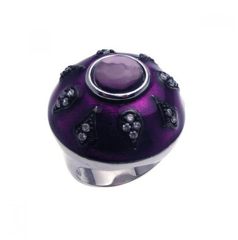 .925 Sterling Silver Rhodium & Black Rhodium Plated Purple Enamel Purple Center Black & Clear Cz Dome Ring, <b>size: 5</b>