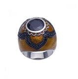 .925 Sterling Silver Rhodium & Black Rhodium Plated Brown Enamel Black Cz Dome Ring, <b>size: 5</b>