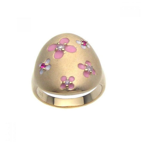 .925 Sterling Silver Gold Plated Pinkwhite Enamel Pink & Clear Cz Flower Ring, <b>size: 5</b>