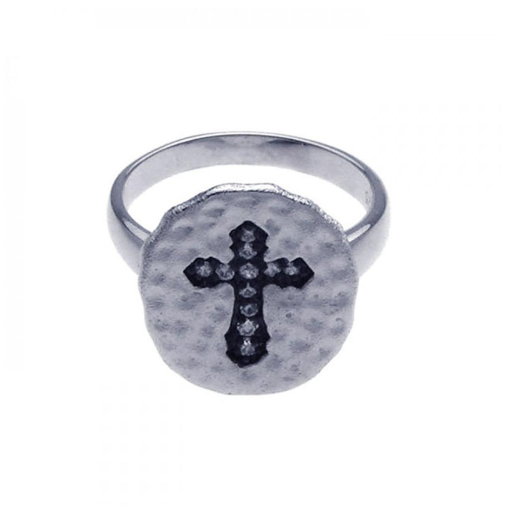 .925 Sterling Silver Rhodium & Black Rhodium Plated Cz Cross Hammered Ring, <b>size: 5</b>