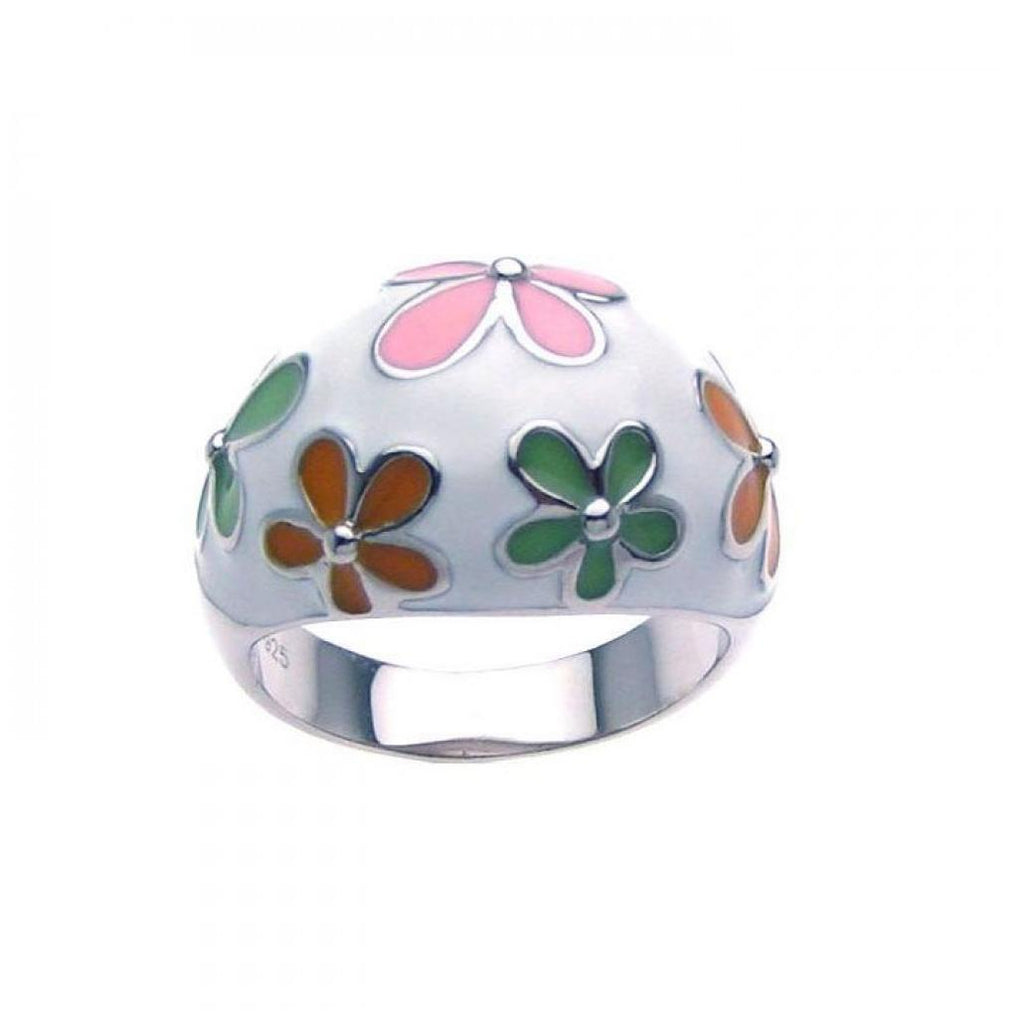 .925 Sterling Silver Rhodium Plated Multi Colored Enamel Flower Dome Ring, <b>size: 5</b>