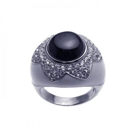 .925 Sterling Silver Rhodium Plated Black Onyx Clear Custer Cz Dome Ring, <b>size: 5</b>