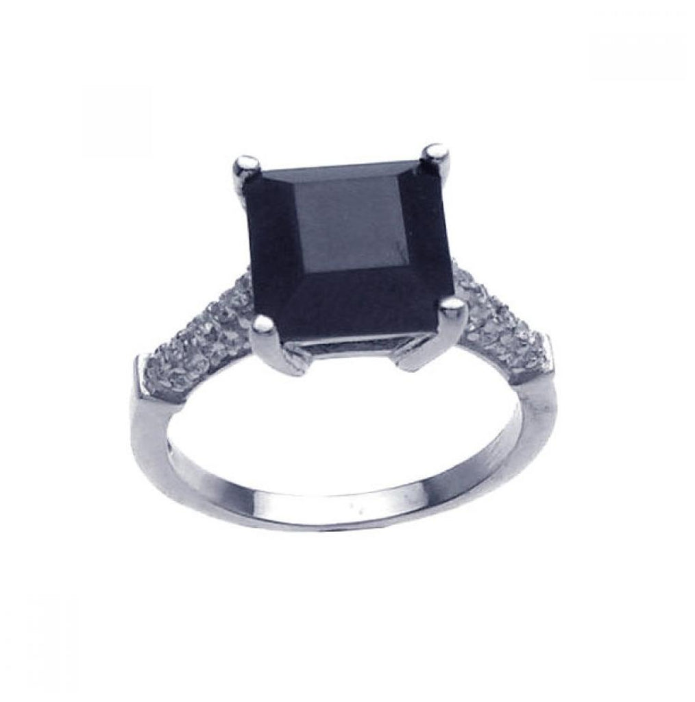 .925 Sterling Silver Rhodium Plated Black Square Center Pave Set Clear Cz Ring, <b>size: 5</b>