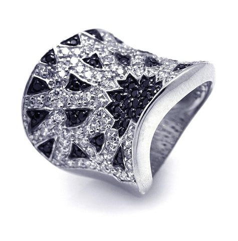 .925 Sterling Silver Rhodium & Black Rhodium Plated Black & Clear Cz Wide Ring, <b>size: 5</b>