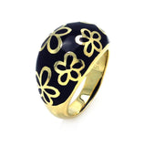 .925 Sterling Silver Gold Plated Black Enamel Flower Dome Ring, <b>size: 5</b>