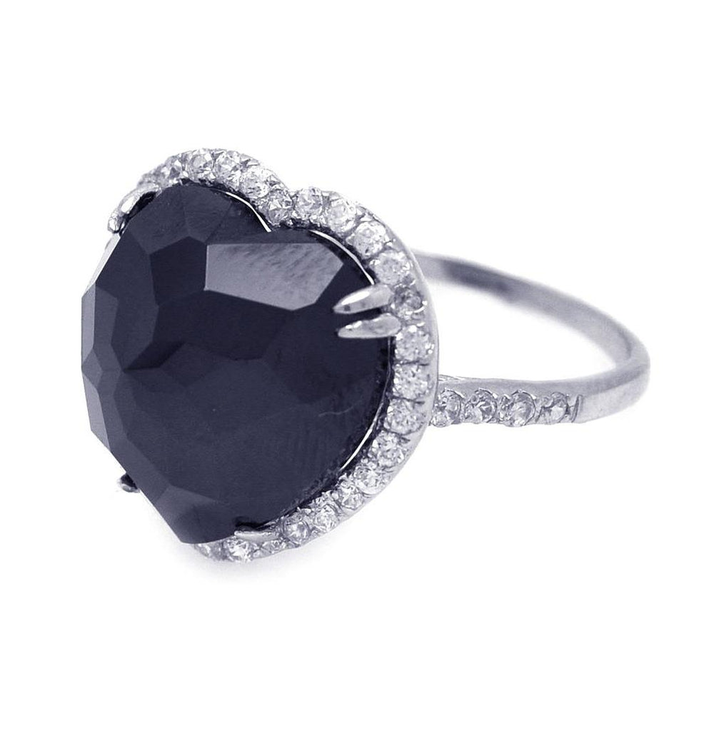 .925 Sterling Silver Rhodium Plated Black Center & Cluster Cz Heart Ring, <b>size: 5</b>