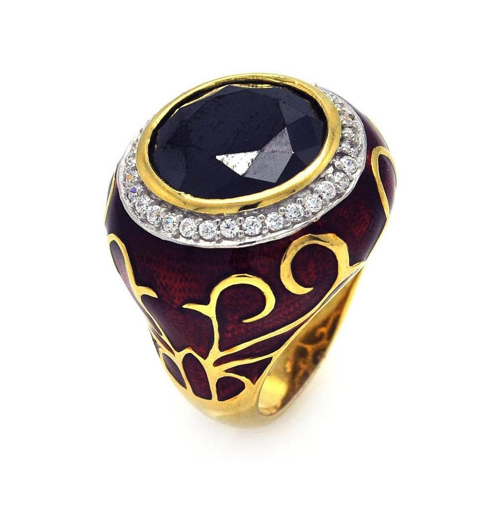 .925 Sterling Silver Rhodium & Gold Plated Red Enamel Black Center & Clear Cluster Cz Victorian Ring, <b>size: 5</b>