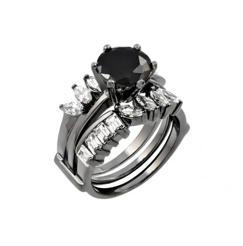 .925 Sterling Silver Black Rhodium Plated Black Center Clear Baguette Marquise Cz Ring, <b>size: 5</b>