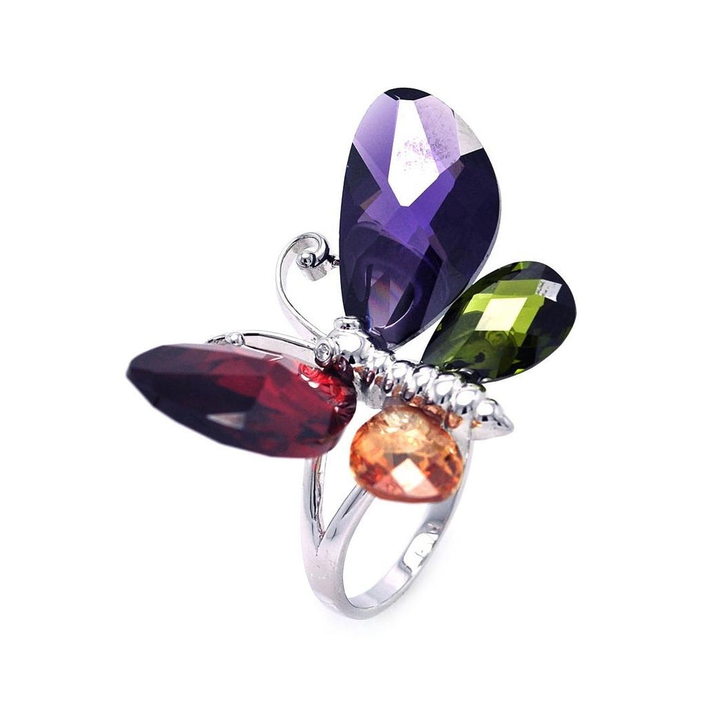 .925 Sterling Silver Rhodium Plated Multi Colored Cz Butterfly Ring, <b>size: 5</b>