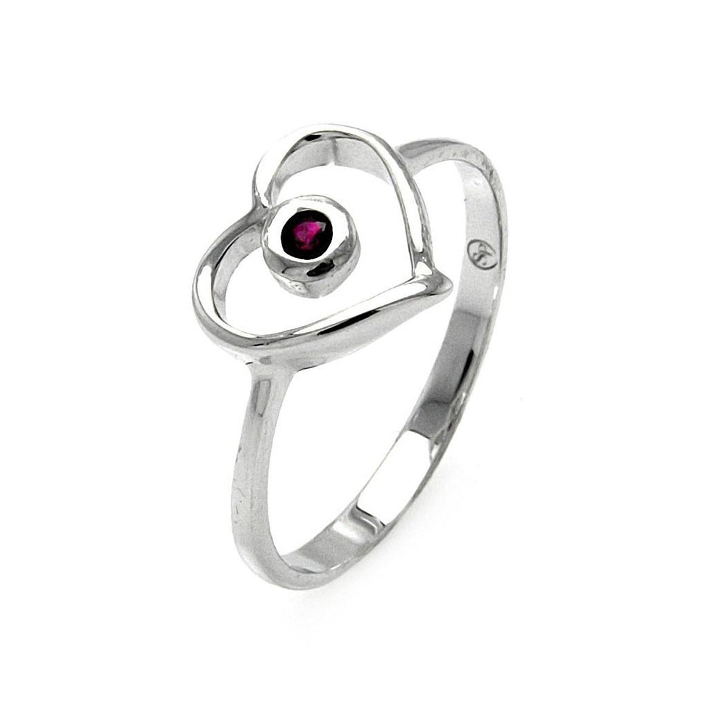 .925 Sterling Silver Rhodium Plated Small Red Cz Open Heart Ring, <b>size: 5</b>