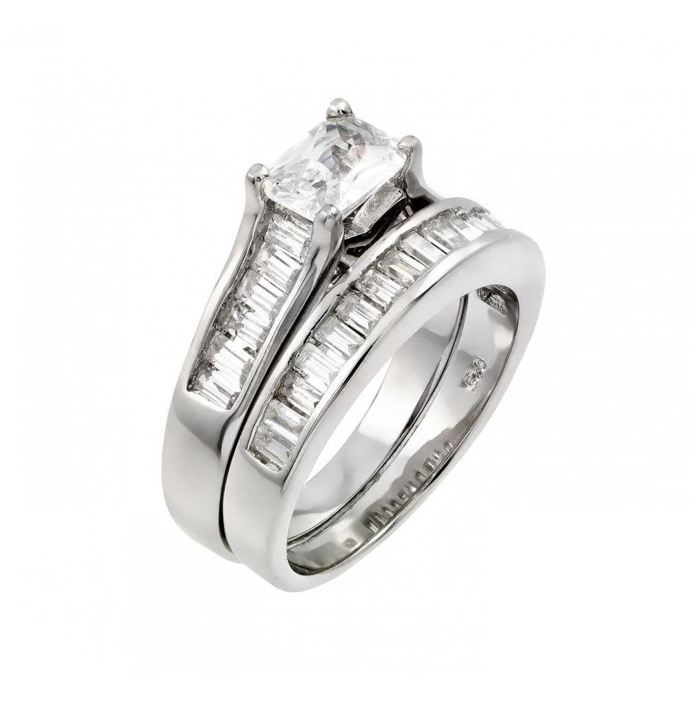 .925 Sterling Silver Rhodium Plated Clear Baguette Cz Engagement Ring Pair Set, <b>size: 5</b>