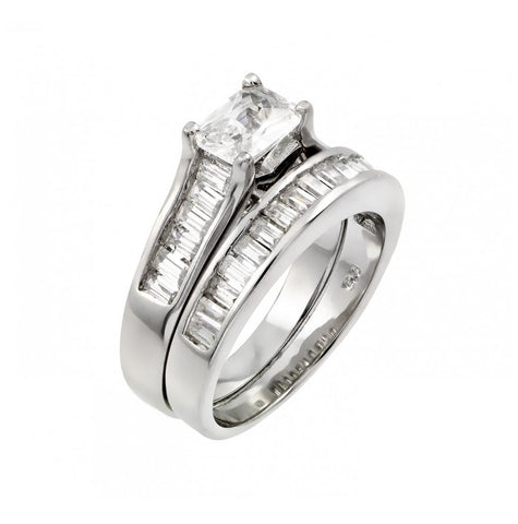 .925 Sterling Silver Rhodium Plated Clear Baguette Cz Engagement Ring Pair Set, <b>size: 5</b>