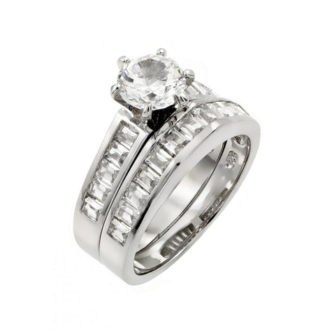 .925 Sterling Silver Rhodium Plated Clear Baguette Cz Engagement Ring Pair Set, <b>size: 5</b>