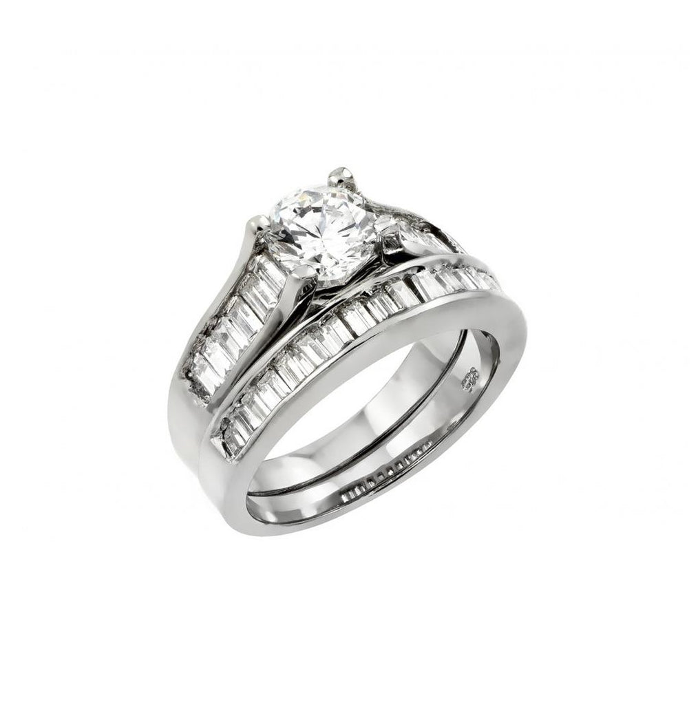 .925 Sterling Silver Rhodium Plated Clear Baguette Cz Engagement Ring Pair Set, <b>size: 5</b>