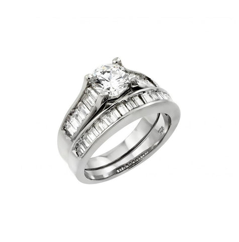 .925 Sterling Silver Rhodium Plated Clear Baguette Cz Engagement Ring Pair Set, <b>size: 5</b>