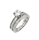 .925 Sterling Silver Rhodium Plated Clear Baguette Round Cz Engagement Ring Pair Set, <b>size: 5</b>