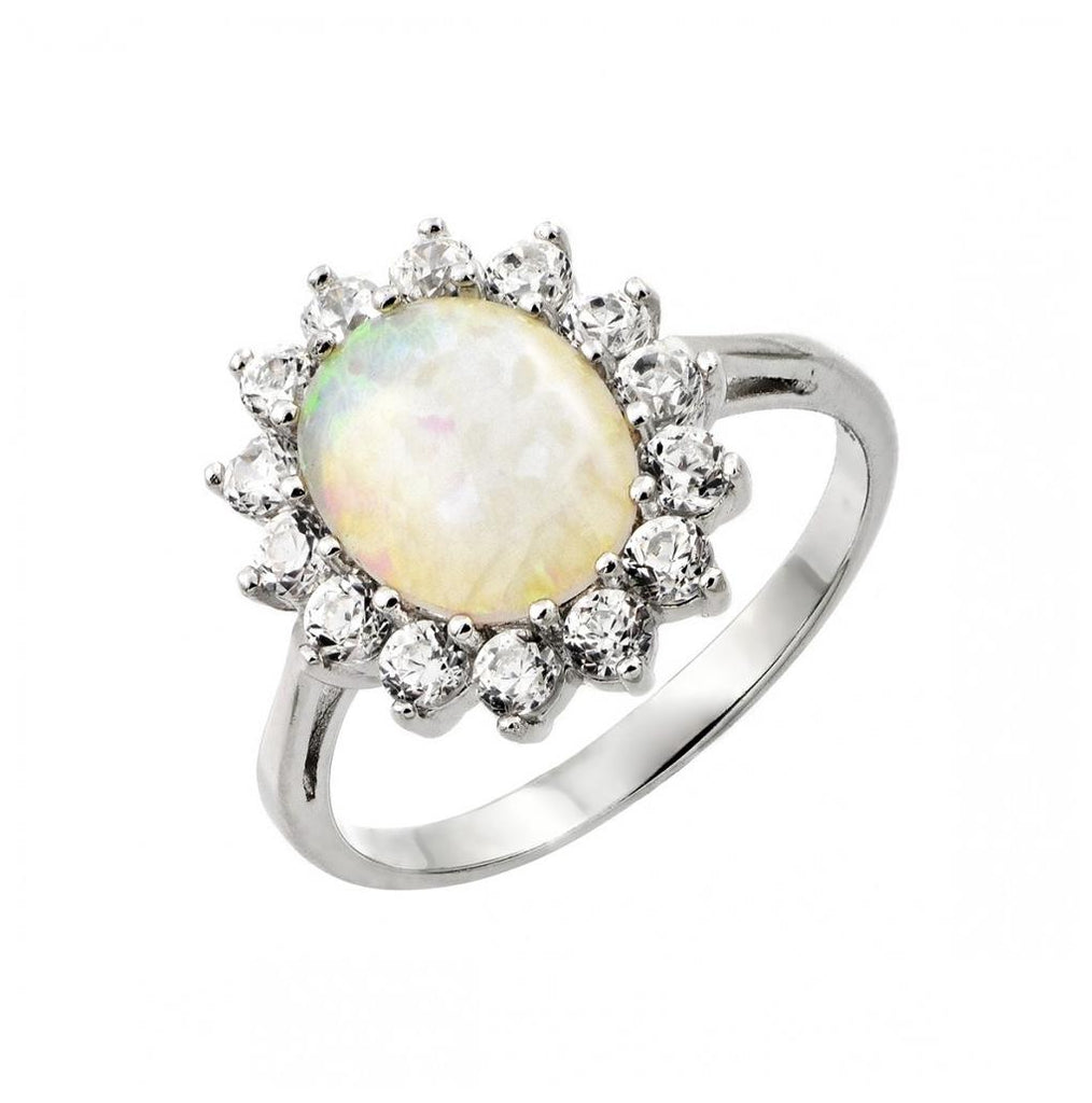 .925 Sterling Silver Rhodium Plated White Opal Center Clear Cz Sun Ring, <b>size: 5</b>