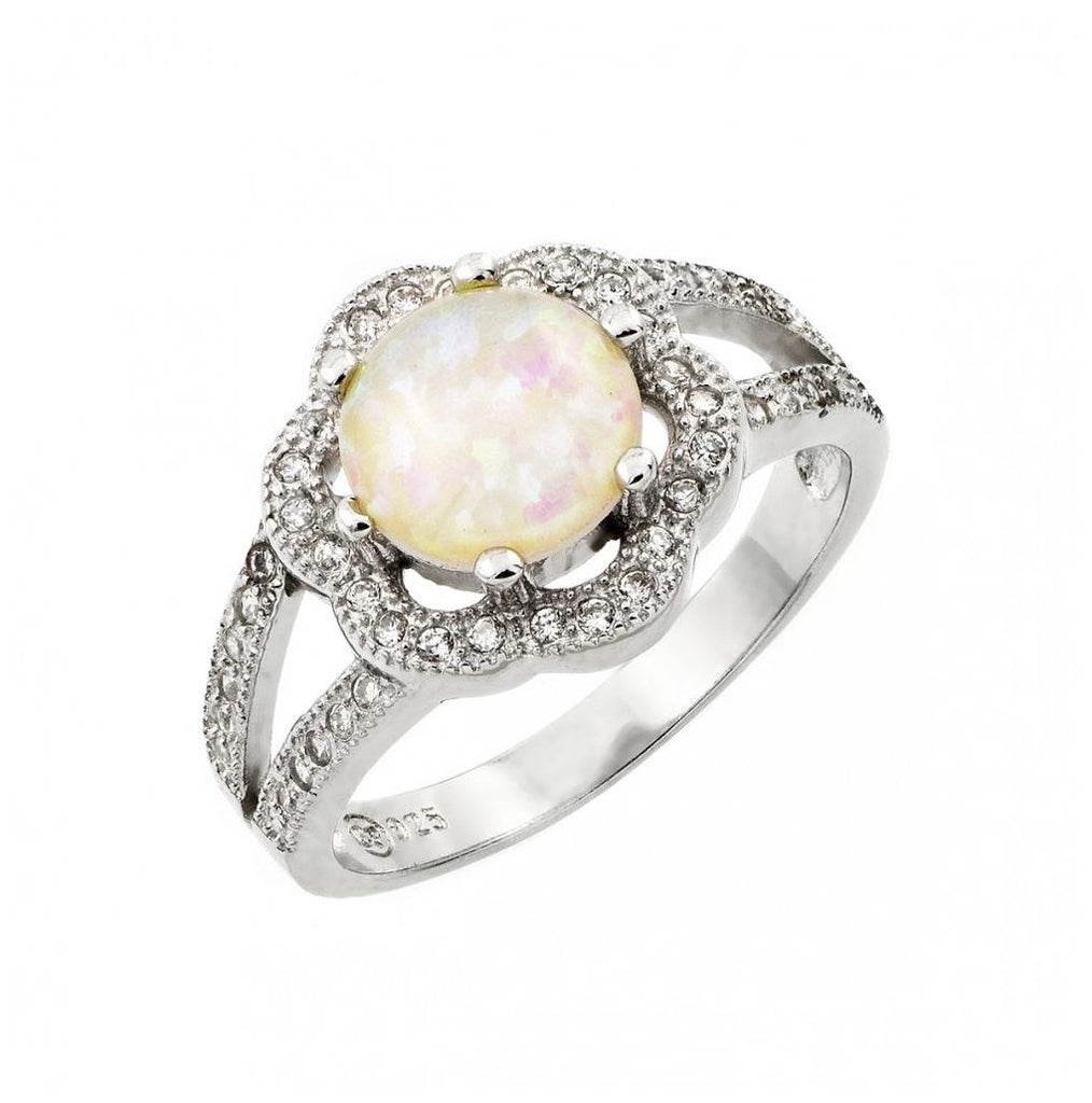 .925 Sterling Silver Rhodium Plated White Opal Center Clear Cluster Cz Flower Ring, <b>size: 5</b>