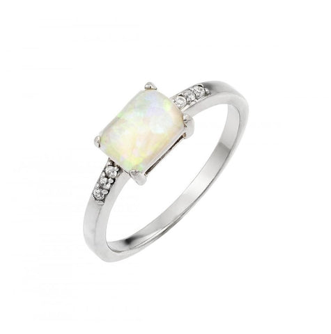 .925 Sterling Silver Rhodium Plated Clear Cz Baguette Opal Ring, <b>size: 5</b>