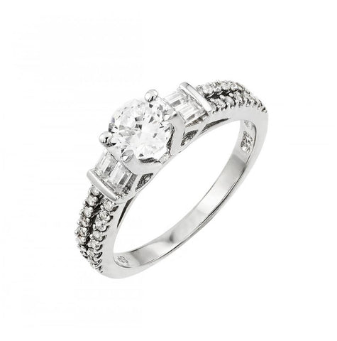 .925 Sterling Silver Rhodium Plated Clear Round & Baguette Cz Ring, <b>size: 5</b>