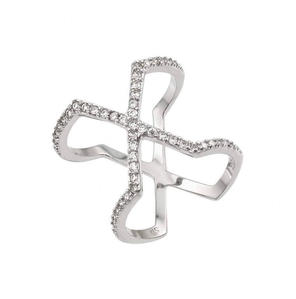 .925 Sterling Silver Rhodium Plated Cross X Clear Cz Ring, <b>size: 5</b>