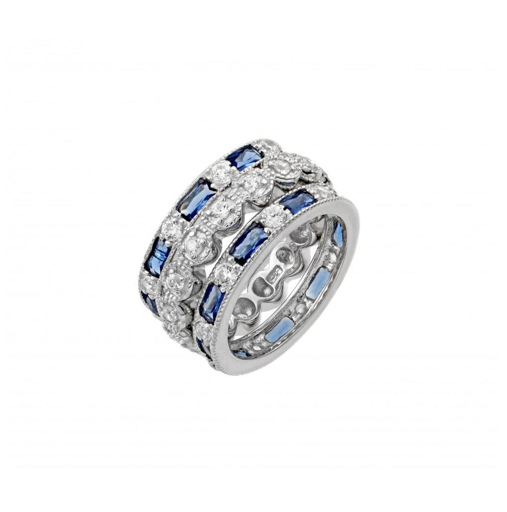 .925 Sterling Silver Rhodium Plated Blue Baquette & Round Clear Cz Ring, <b>size: 5</b>