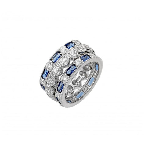 .925 Sterling Silver Rhodium Plated Blue Baquette & Round Clear Cz Ring, <b>size: 5</b>