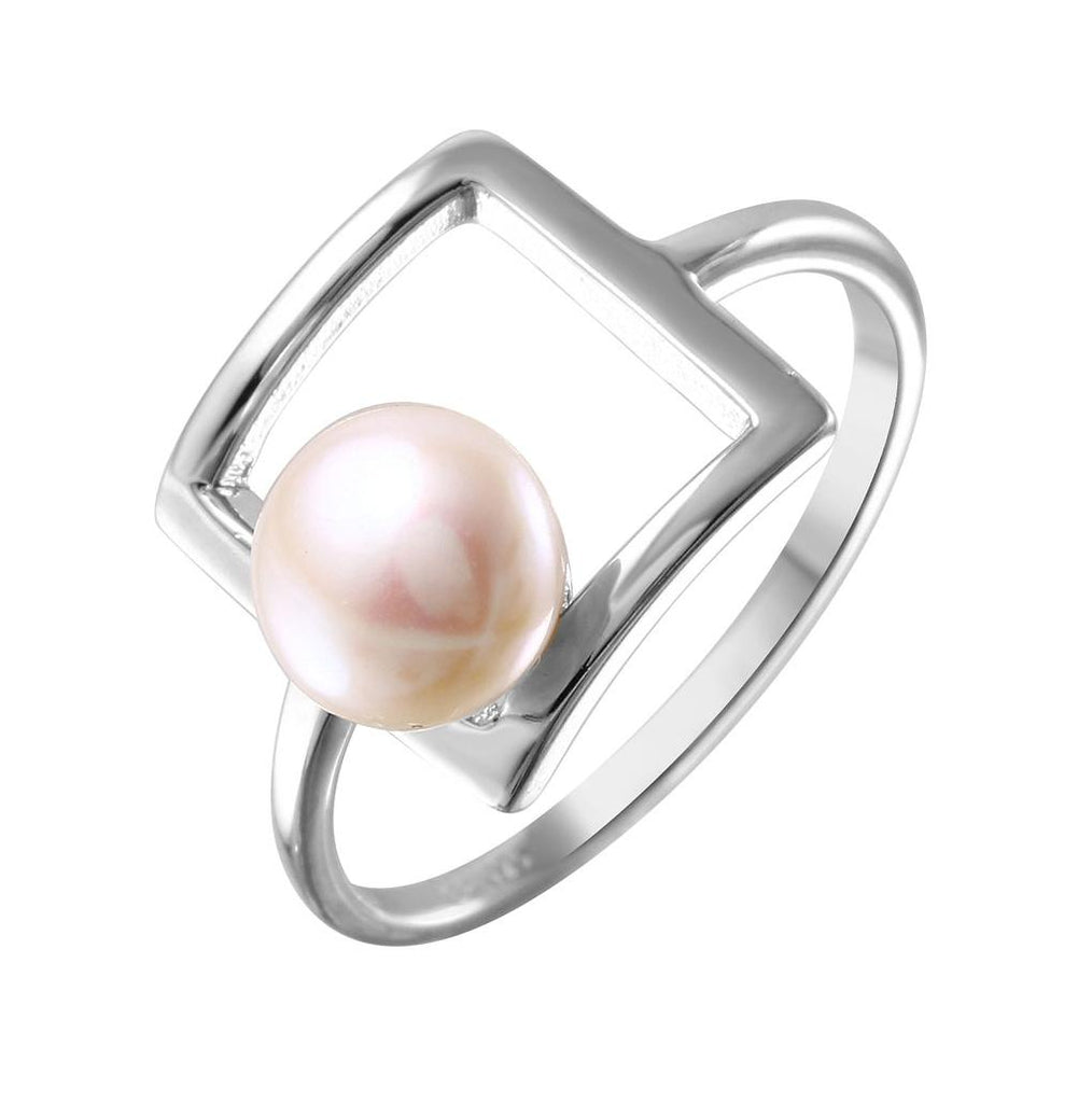 .925 Sterling Silver Rhodium Plated Open Square Synthetic Pearl Ring, <b>size: 5</b>