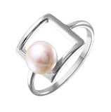 .925 Sterling Silver Rhodium Plated Open Square Synthetic Pearl Ring, <b>size: 5</b>