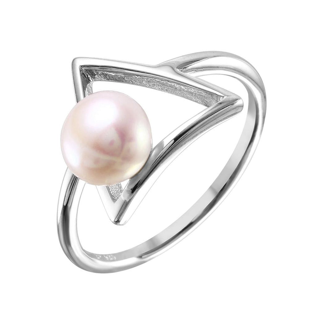 .925 Sterling Silver Rhodium Plated Open Triangle Synthetic Pearl Ring, <b>size: 5</b>