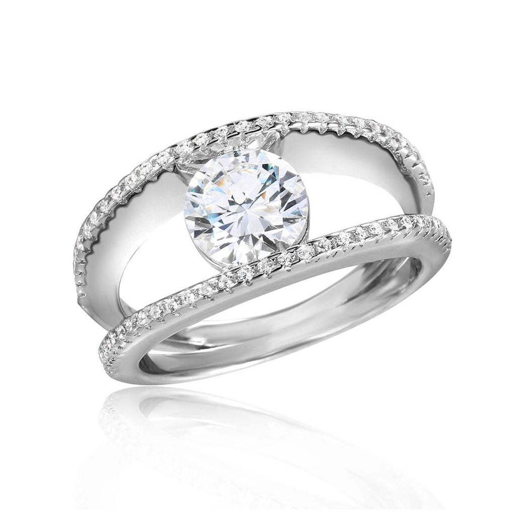 .925 Sterling Silver Rhodium 2 Row Cz Band With A 7mm Center Stone Ring, <b>size: 5</b>