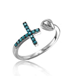 .925 Sterling Silver Rhodium Plated Cross And Heart Ring With Synthetic Turquoise Stones, <b>size: 5</b>