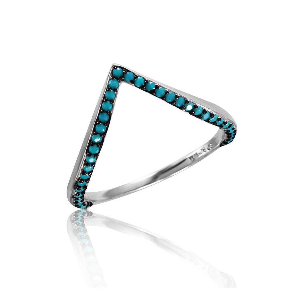 .925 Sterling Silver Rhodium Plated V Ring With Synthetic Turquoise Stones, <b>size: 5</b>