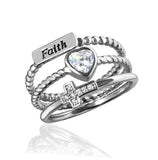 .925 Sterling Silver Rhodium Plated Triple Band Faithheartcross Ring With Cz, <b>size: 5</b>