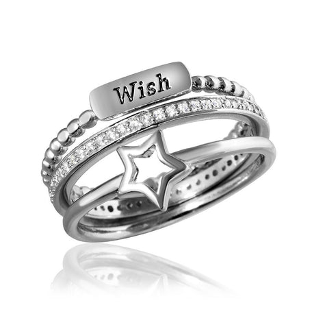 .925 Sterling Silver Rhodium Plated Triple Band Wishstarwedding Ring With Cz, <b>size: 5</b>