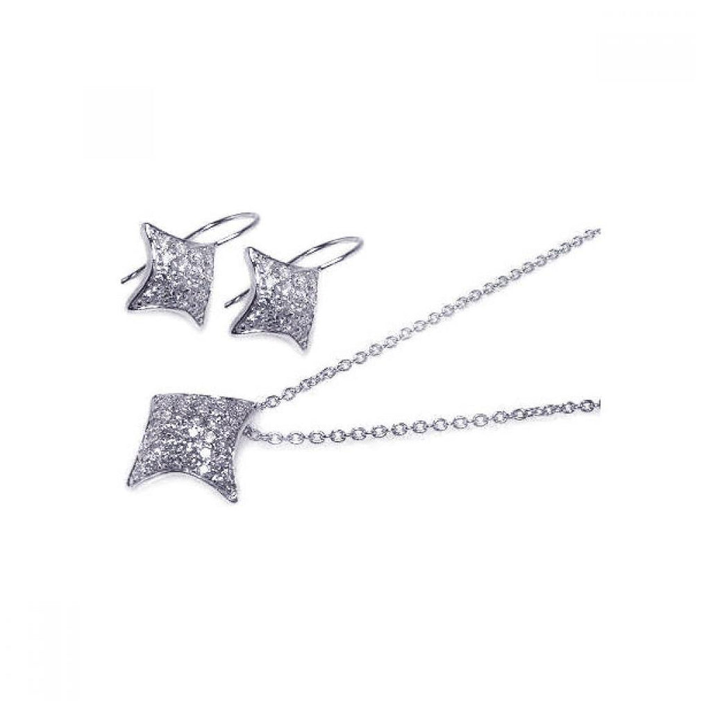 .925 Sterling Silver Rhodium Plated Curve Square Cz Hook Earring & Necklace Set