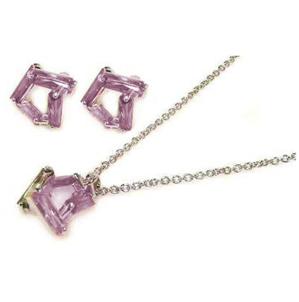 .925 Sterling Silver Rhodium Plated Pink Baguette Cz Stud Earring & Necklace Set