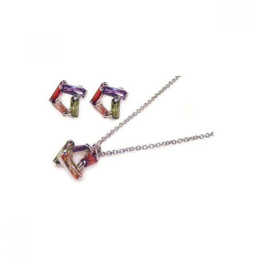 .925 Sterling Silver Rhodium Plated Multicolor Baguette Open Square Cz Stud Earring & Necklace Set