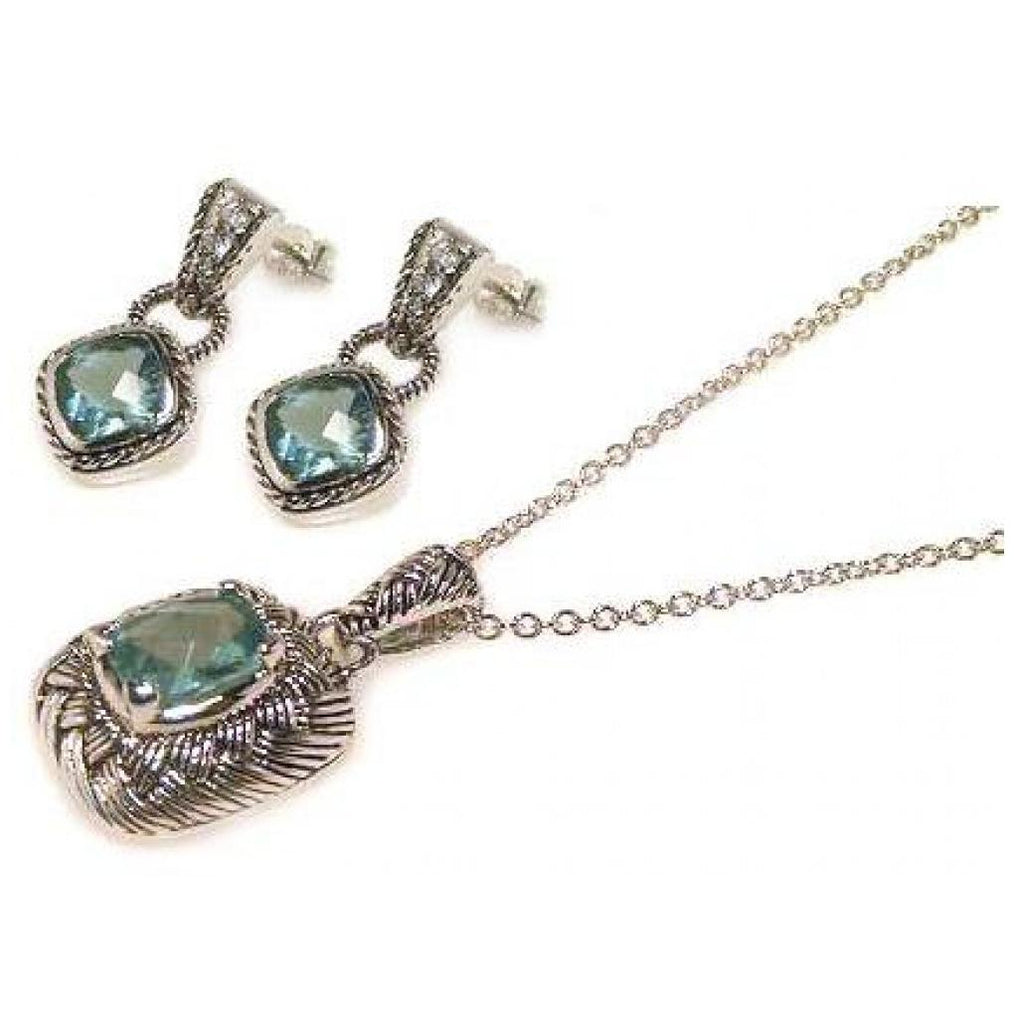 .925 Sterling Silver Oxidized Rhodium Plated Blue Cz Dangling Stud Earring & Necklace Set