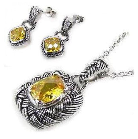 .925 Sterling Silver Oxydized Rhodium Plated Yellow Cz Dangling Earring & Necklace Set