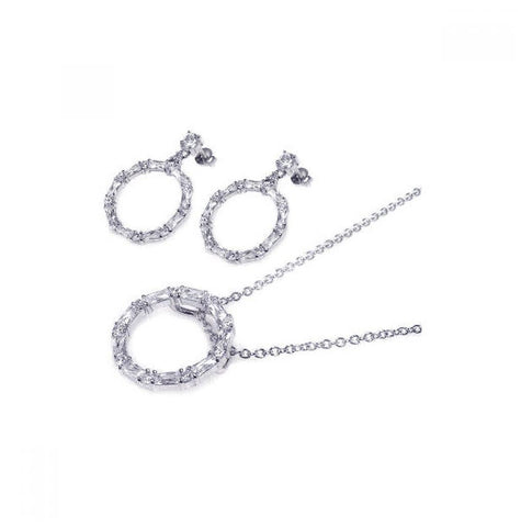 .925 Sterling Silver Rhodium Plated Open Circle Cz Dangling Earring & Necklace Set