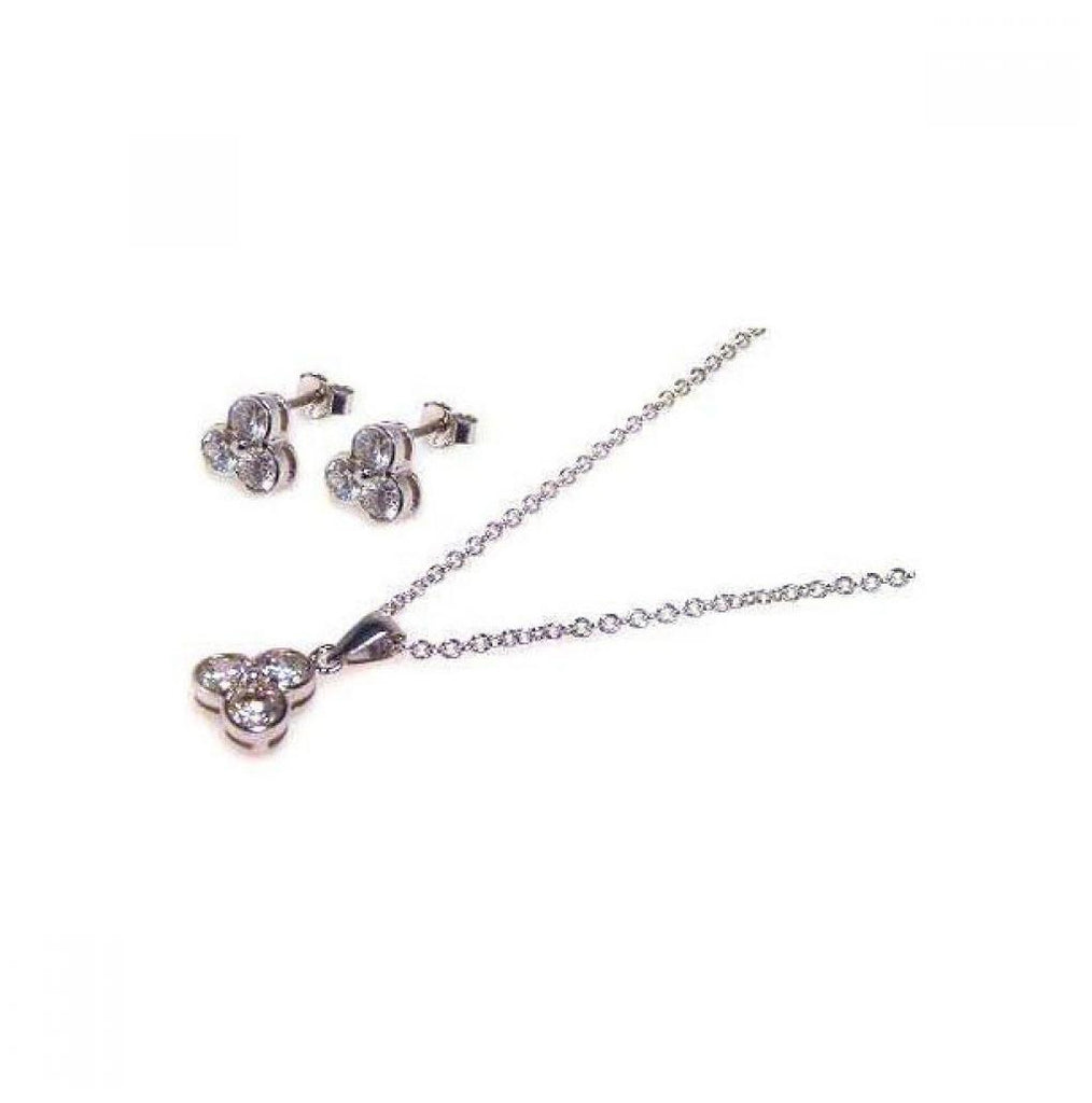 .925 Sterling Silver Rhodium Plated Flower Round Cz Stud Earring & Dangling Necklace Set